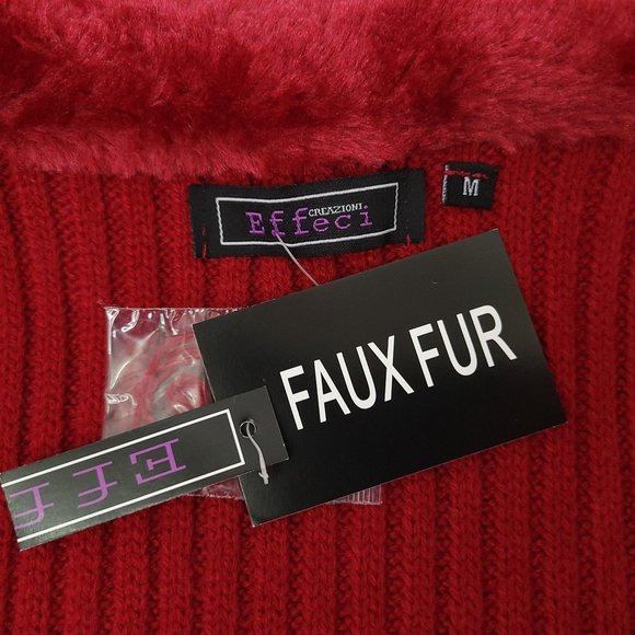 Creazioni Effeci Zip Quilted Sweater Jacket Womens M Red Faux Fur Collar NEW - Picture 8 of 16